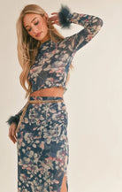 Vegan Feather Trim Floral Print Long Sleeve Top - Styled by Ashley Brooke