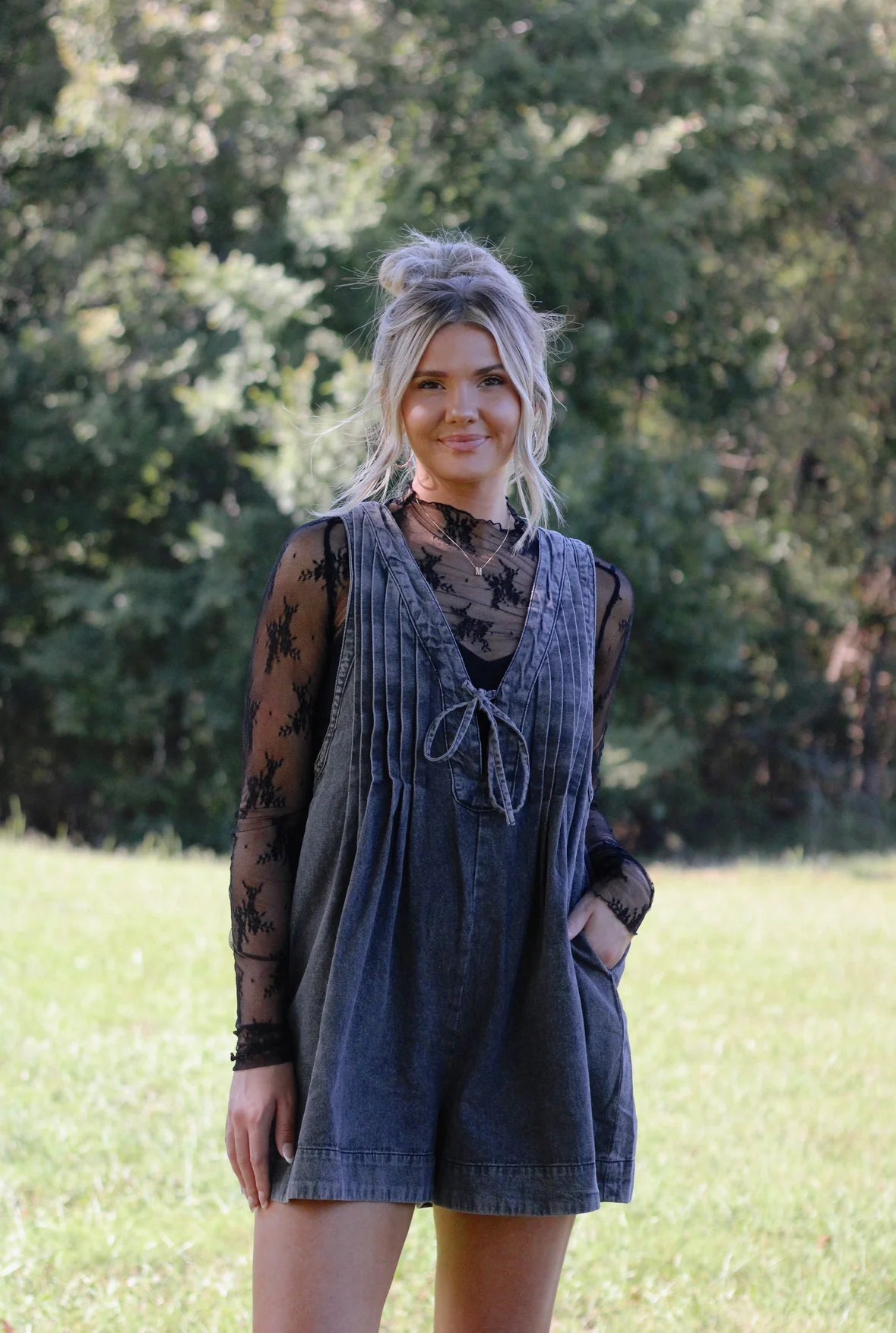 Webster Front - Tie Denim Romper (Dark Grey) - Styled by Ashley Brooke