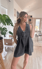 Webster Front - Tie Denim Romper (Dark Grey) - Styled by Ashley Brooke