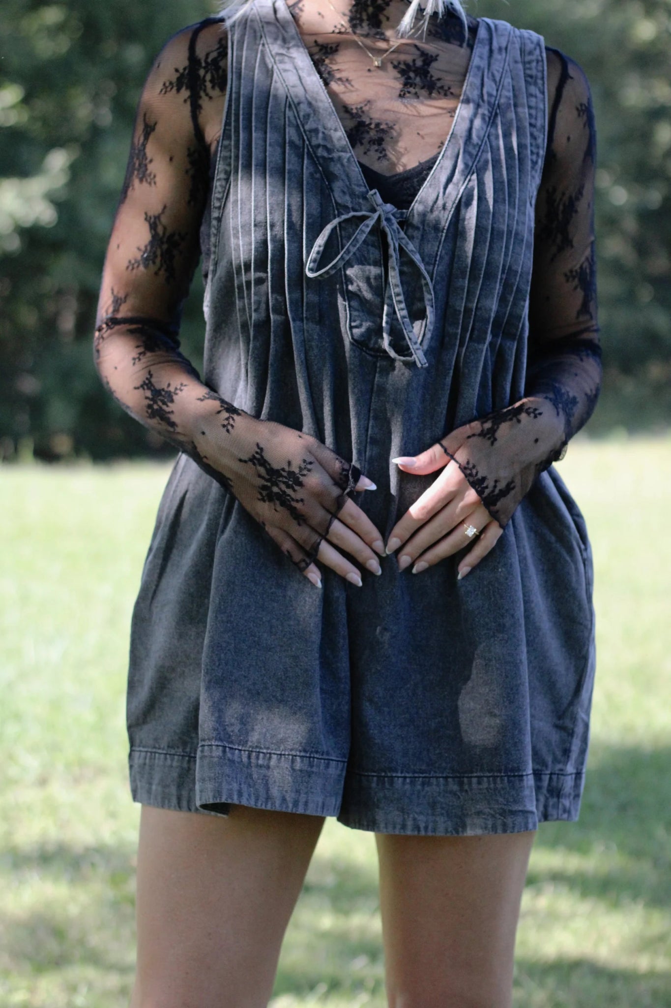 Webster Front - Tie Denim Romper (Dark Grey) - Styled by Ashley Brooke