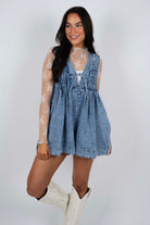 Webster Front - Tie Denim Romper (Medium Wash) - Styled by Ashley Brooke