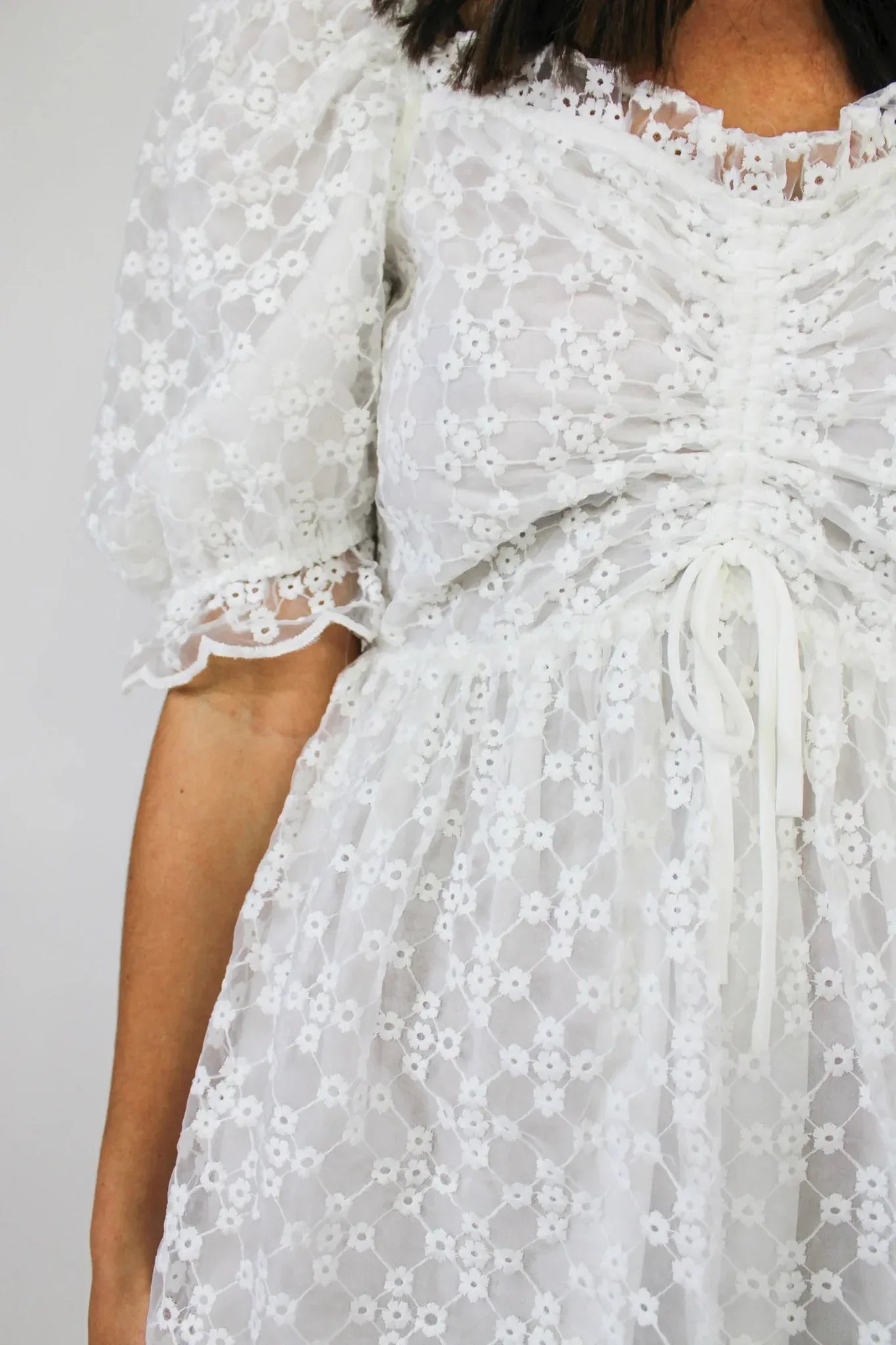 White Floral Eyelet Babydoll Mini Dress - Ivory Lace Detail White Floral Eyelet Babydoll Mini Dress - Ivory Lace Detail