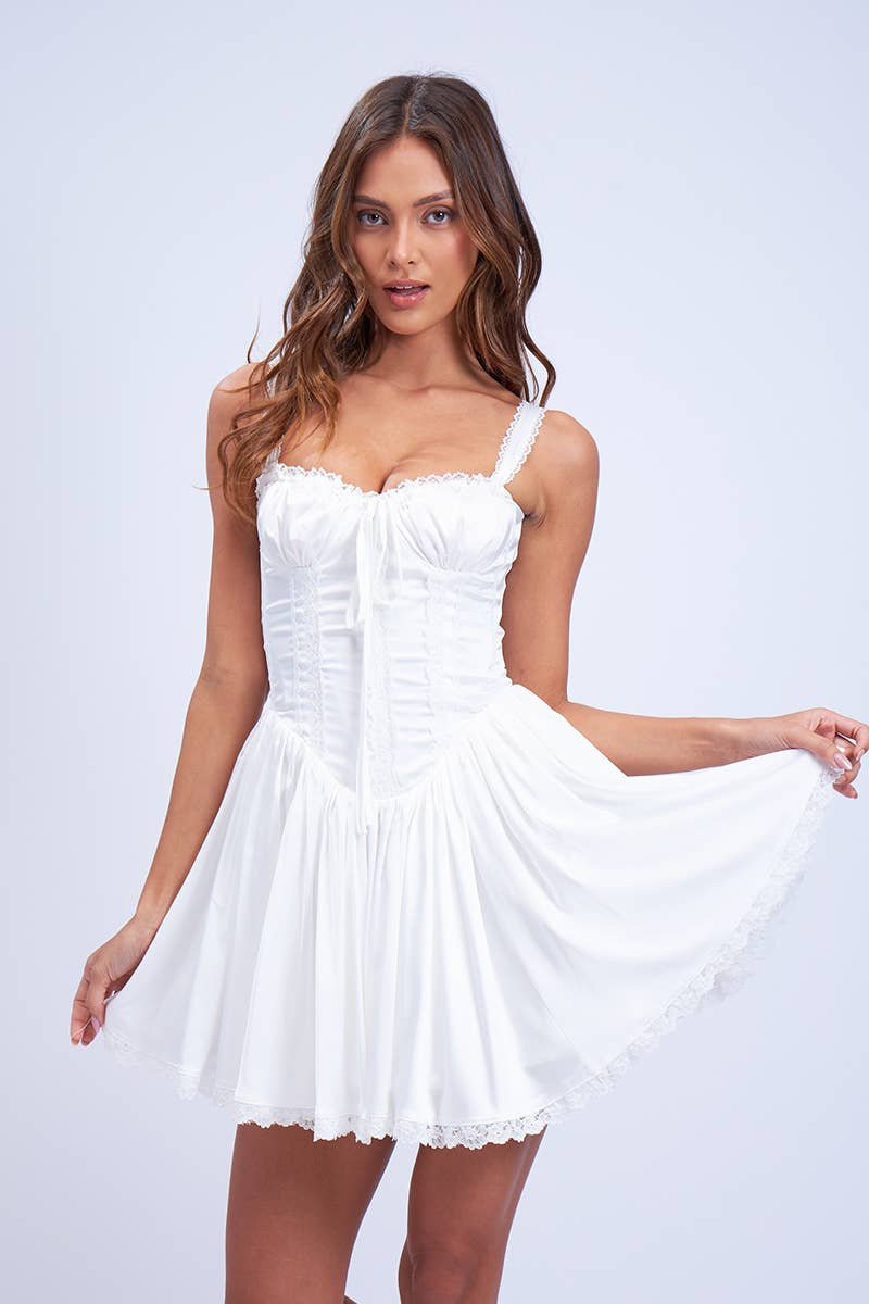 White Satin Corset Lace Trim Mini Dress - Styled by Ashley Brooke