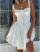 White Satin Corset Lace Trim Mini Dress - Styled by Ashley Brooke