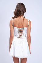 White Satin Corset Lace Trim Mini Dress - Styled by Ashley Brooke