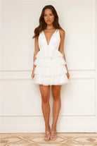 White Tiered Ruffle Tulle Mini Dress with Plunging Neckline - Styled by Ashley Brooke