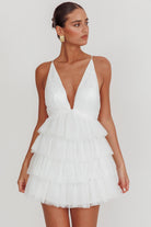 White Tiered Ruffle Tulle Mini Dress with Plunging Neckline - Styled by Ashley Brooke