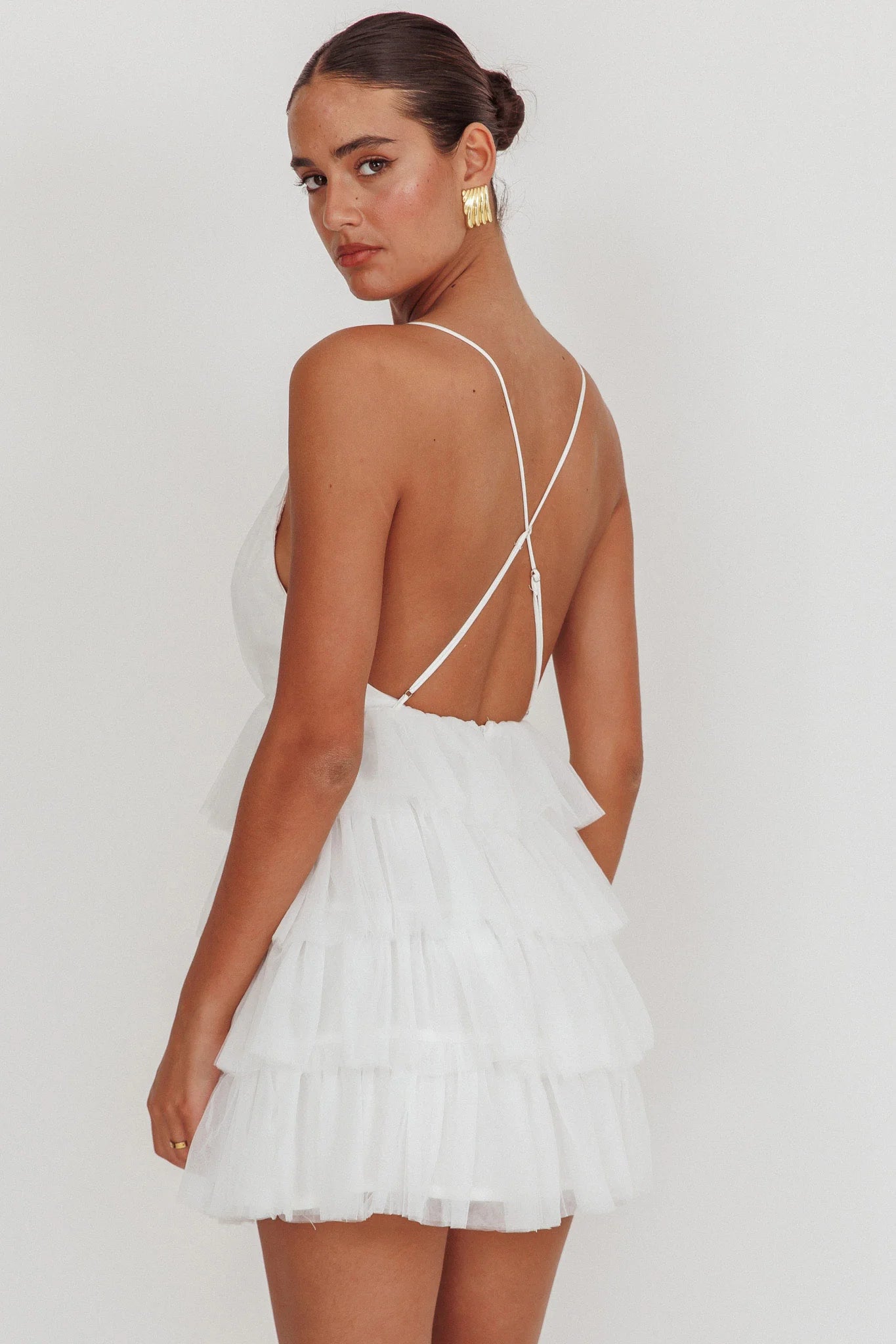 White Tiered Ruffle Tulle Mini Dress with Plunging Neckline - Styled by Ashley Brooke