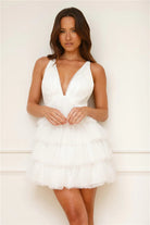 White Tiered Ruffle Tulle Mini Dress with Plunging Neckline - Styled by Ashley Brooke